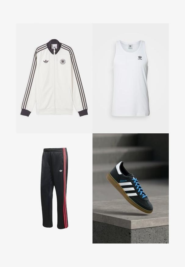 Άσπρο αθλητικό μπουφάν Adidas με μαύρες τρεις ρίγες στα μανίκια, μαύρο γιακά και μανσέτες, λογότυπο Adidas και έμβλημα της Γερμανικής ποδοσφαιρικής ομοσπονδίας.; Λευκή ριμπ μπλούζα χωρίς μανίκια με στρογγυλή λαιμόκοψη, μαύρο λογότυπο Adidas στην αριστερή πλευρά του στήθους και άνετη εφαρμογή. Μαλακό βαμβακερό υλικό.; Μαύρο παντελόνι φόρμας με κάθετη ριμπ υφή, με κόκκινες και λευκές ρίγες στο πλάι και μικρό λευκό λογότυπο στο αριστερό πόδι.; Μαύρο αθλητικό παπούτσι Adidas με λευκές ρίγες, μπλε κορδόνια και καουτσούκ σόλα να αιωρείται πάνω από γκρίζο τσιμεντένιο σκαλοπάτι σε απαλό φως.