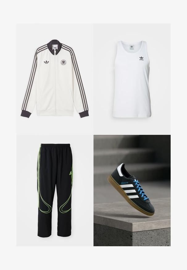 Άσπρο αθλητικό μπουφάν Adidas με μαύρες τρεις ρίγες στα μανίκια, μαύρο γιακά και μανσέτες, λογότυπο Adidas και έμβλημα της Γερμανικής ποδοσφαιρικής ομοσπονδίας.; Λευκή ριμπ μπλούζα χωρίς μανίκια με στρογγυλή λαιμόκοψη, μαύρο λογότυπο Adidas στην αριστερή πλευρά του στήθους και άνετη εφαρμογή. Μαλακό βαμβακερό υλικό.; Μαύρα αθλητικά παντελόνια Adidas με νεον πράσινες καμπύλες γραμμές και τρεις ρίγες στα πλάγια, ελαστική μέση και λογότυπο Adidas στο μπροστινό μπούστο.; Μαύρο αθλητικό παπούτσι Adidas με λευκές ρίγες, μπλε κορδόνια και καουτσούκ σόλα να αιωρείται πάνω από γκρίζο τσιμεντένιο σκαλοπάτι σε απαλό φως.