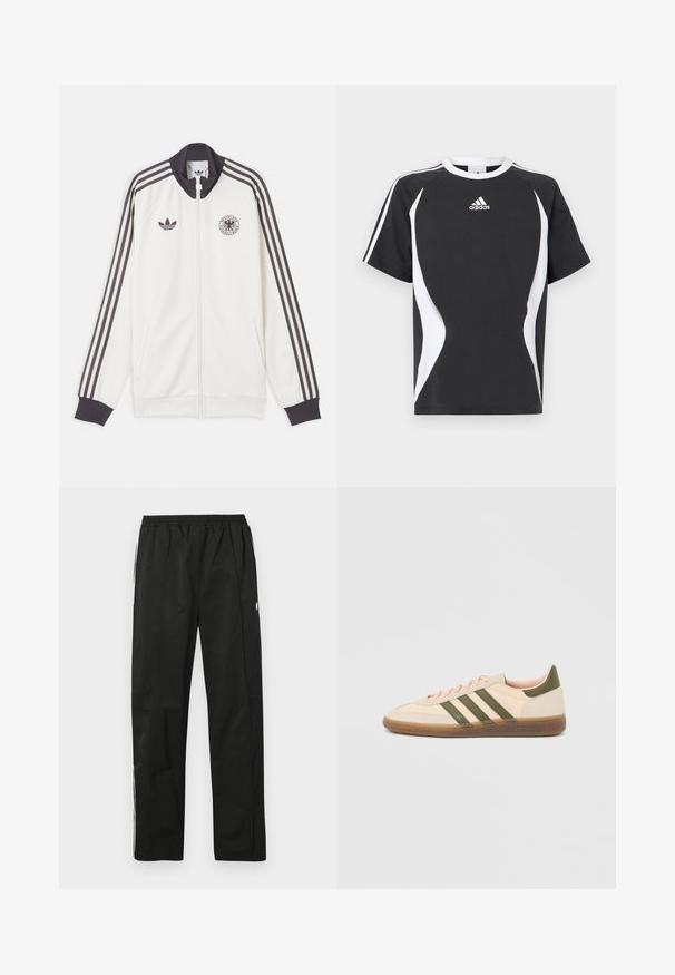 Άσπρο αθλητικό μπουφάν Adidas με μαύρες τρεις ρίγες στα μανίκια, μαύρο γιακά και μανσέτες, λογότυπο Adidas και έμβλημα της Γερμανικής ποδοσφαιρικής ομοσπονδίας.; Μαύρο κοντομάνικο μπλουζάκι με λευκές σχεδιαστικές λεπτομέρειες και λογότυπο Adidas στο στήθος. Κατασκευασμένο από απαλό βαμβακερό ύφασμα με στρογγυλή λαιμόκοψη.; Μαύρο παντελόνι φόρμας με ελαστική μέση, ίσια κοπή, τσέπες με φερμουάρ στο πλάι και λευκές ρίγες στα πλάγια. Λεία υφή.; Χαμηλού προφίλ μπεζ αθλητικό παπούτσι Adidas Spezial με πράσινες ρίγες, σόλα από καουτσούκ και την επωνυμία "SPEZIAL" στην πλευρά, εμφανίζεται από την εξωτερική πλευρά.