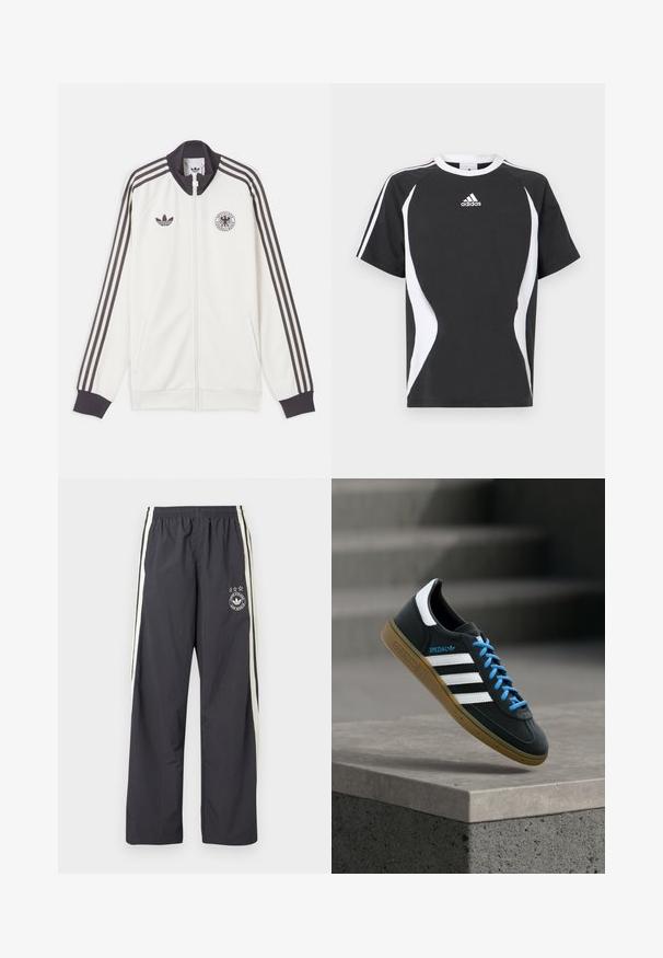 Άσπρο αθλητικό μπουφάν Adidas με μαύρες τρεις ρίγες στα μανίκια, μαύρο γιακά και μανσέτες, λογότυπο Adidas και έμβλημα της Γερμανικής ποδοσφαιρικής ομοσπονδίας.; Μαύρο κοντομάνικο μπλουζάκι με λευκές σχεδιαστικές λεπτομέρειες και λογότυπο Adidas στο στήθος. Κατασκευασμένο από απαλό βαμβακερό ύφασμα με στρογγυλή λαιμόκοψη.; Σκούρο γκρι παντελόνι φόρμας με λευκές πλευρικές ρίγες, ελαστική μέση και κυκλικό λογότυπο με τρία αστέρια στο αριστερό μηρό. Ελαφρύ ύφασμα.; Μαύρο αθλητικό παπούτσι Adidas με λευκές ρίγες, μπλε κορδόνια και καουτσούκ σόλα να αιωρείται πάνω από γκρίζο τσιμεντένιο σκαλοπάτι σε απαλό φως.