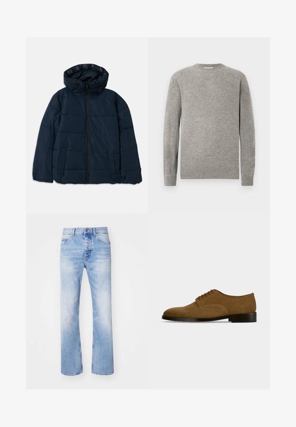 Dunkelblaue Pufferjacke mit Kapuze, ausgestattet mit einem Reißverschluss vorne, horizontalen Naht-Design, zwei seitlichen Taschen und einem Logo auf dem Innenfutter.; Grauer Strickpullover mit Rundhalsausschnitt, langen Ärmeln, gerippten Bündchen und Saum. Glatte Textur, minimalistisches Design, keine sichtbaren Muster.; Hellblaue Denim-Jeans mit geradem Bein, im klassischen Fünf-Taschen-Design und einem dezenten Ausbleichmuster.; Brauner Wildleder-Herrenschuh mit geschlossenem Schnürsystem und schwarzem niedrigem Absatz, seitlich auf hellem einfarbigem Hintergrund dargestellt.