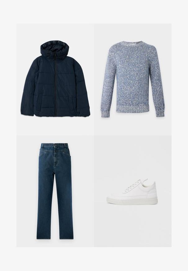 Doudoune bleue marine avec capuche, dotée d'une fermeture éclair à l'avant, d'un design à couture horizontale, de deux poches latérales et d'un logo sur la doublure intérieure.; Pull tricoté chiné bleu et blanc à col rond, manches longues, poignets et ourlet côtelés.; Jean droit en denim bleu foncé avec taille haute, comprenant des poches avant et une fermeture à bouton. Tissu texturé avec un léger dégradé.; Baskets en cuir blanc avec un embout arrondi, une semelle plate et un laçage à l'avant. Présentent des détails de couture et un col rembourré pour plus de confort.