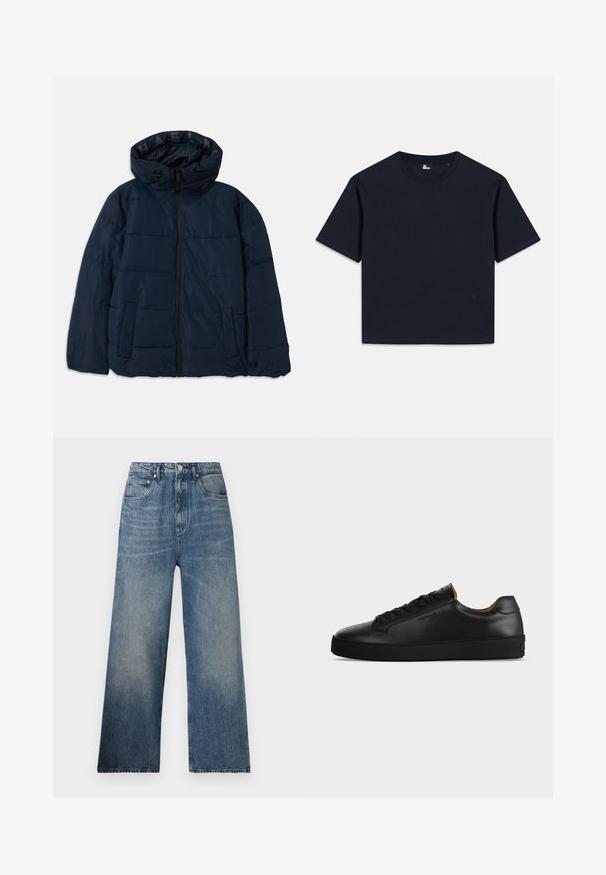Doudoune bleue marine avec capuche, dotée d'une fermeture éclair à l'avant, d'un design à couture horizontale, de deux poches latérales et d'un logo sur la doublure intérieure.; T-shirt à manches courtes bleu marine, en coton. Conception au col ras du cou avec une finition droite et un logo minimaliste en bas à gauche.; Jean large en denim bleu à taille haute, avec une légère décoloration, cinq poches et une fermeture à bouton en métal à l'avant.; Basket basse en cuir noir avec lacets noirs, semelle en caoutchouc texturée et petit logo embossé sur le côté, présenté de profil sur fond gris.