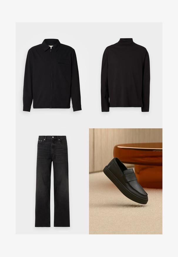 Schwarzes Langarmshirt mit Kragen, Frontreißverschluss und Brusttasche. Aus strukturiertem Stoff mit entspannter Passform.; Schwarzes Langarm-Rollkragenoberteil aus weichem, glattem Stoff mit lockerer Passform und ohne sichtbare Muster oder Akzente.; Schwarze Jeans mit geraden Beinen, fünf Taschen, Gürtelschlaufen und Knopfverschluss, auf weißem Hintergrund dargestellt.; Schwarzer Leder-Pantoffel mit einem Riemen über dem Obermaterial, positioniert auf einem beigen Teppich und neben einem braunen runden Tisch.