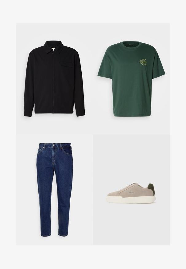 Zwarte lange mouwen shirt met een kraaghals, voorste rits sluiting en een borstzak. Gemaakt van een gestructureerde stof met een relaxte pasvorm.; Donkergroene t-shirt met korte mouwen van katoen, voorzien van een geel logo op de linkerkant van de borst en een klassieke ronde hals.; Donkerblauwe straight-leg spijkerbroek met knoop- en ritssluiting aan de voorkant, riemlussen, en voor- en achterzakken.; Beige suède sneakers met een witte rubberen zool, voorzien van een donkergroene hielaccent en subtiele branding aan de zijkant.