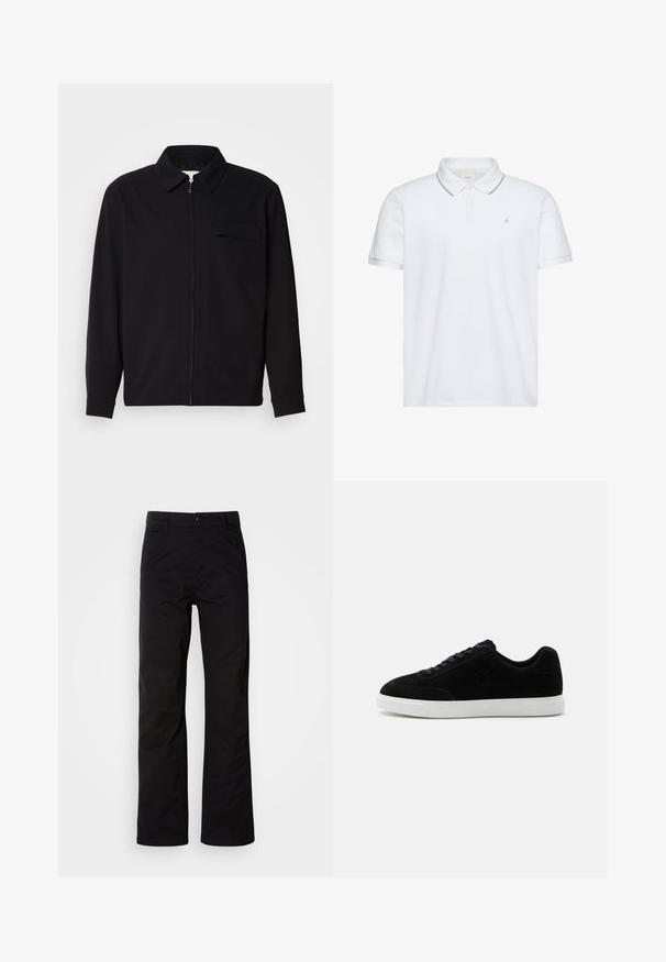 Zwarte lange mouwen shirt met een kraaghals, voorste rits sluiting en een borstzak. Gemaakt van een gestructureerde stof met een relaxte pasvorm.; Witte polo met korte mouwen, twee knopen, grijze bies aan kraag en manchetten en klein "ck" logo geborduurd op de borst.; Zwarte katoenen broek met een recht design, voorzien van een knoopsluiting en riemlussen. Gladde textuur en minimalistische stijl zonder zichtbare patronen.; Zwarte lage sneaker met veterluiting aan de voorkant, subtiel "ck"-logo aan de zijkant en dikke witte rubberen zool op een effen lichte achtergrond.