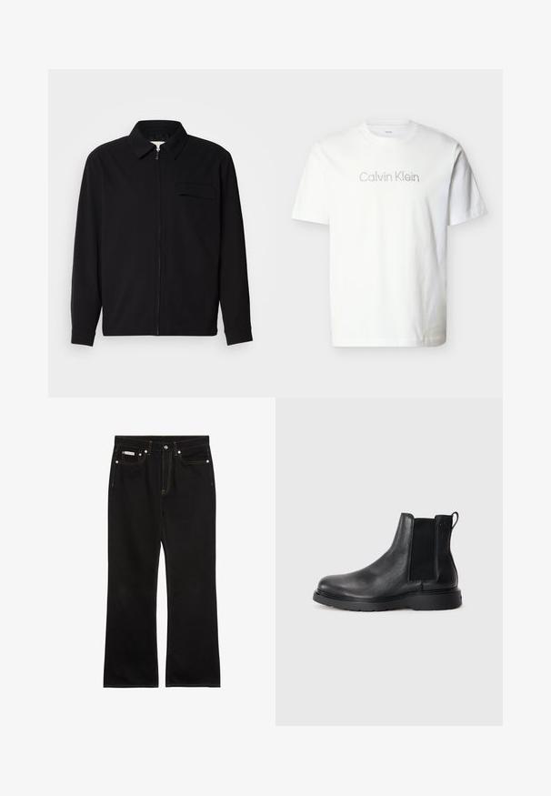 Camisa negra de manga larga que presenta un cuello con solapa, cierre frontal con cremallera y un bolsillo en el pecho. Fabricada con una tela texturizada y un corte holgado.; Camiseta blanca de manga corta hecha de algodón, con un logo gris de "Calvin Klein" en el pecho con una tipografía minimalista.; Vaqueros negros de pierna recta con costuras naranjas, cinco bolsillos, cierre de botón y una pequeña etiqueta Calvin Klein en el bolsillo delantero derecho.; Botas Chelsea de cuero negro con acabado texturizado, paneles laterales elásticos y una suela de goma resistente. Marca sutil en el talón.
