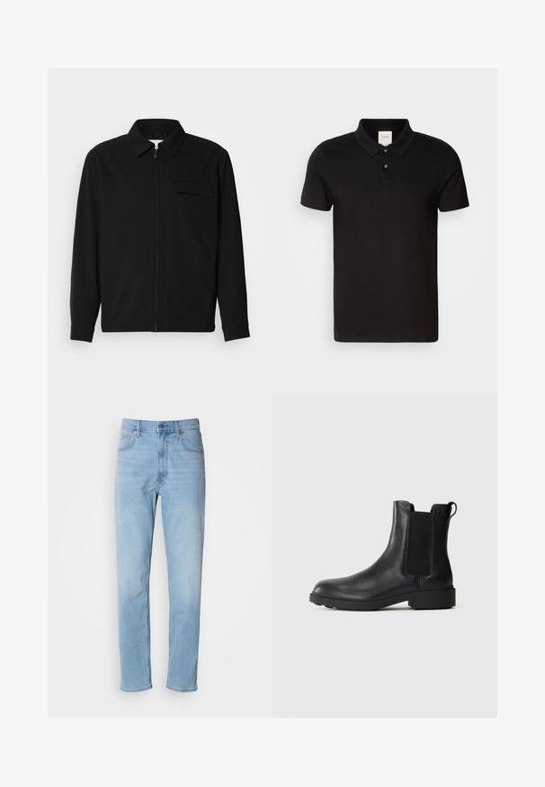 Zwarte lange mouwen shirt met een kraaghals, voorste rits sluiting en een borstzak. Gemaakt van een gestructureerde stof met een relaxte pasvorm.; Zwarte polo met een gladde stof en een klassieke kraag. Bevat twee knopen bij de hals, korte mouwen en een subtiel logo op de borst.; Lichtblauwe denim jeans met een rechte pasvorm, vijf zakken en riemlussen. De stof heeft een gladde textuur met een lichte vervaging.; Zwarte leren enkelboot met elastische zijpanelen, trekhaak op de hiel en een lage blokzool tegen een effen achtergrond.