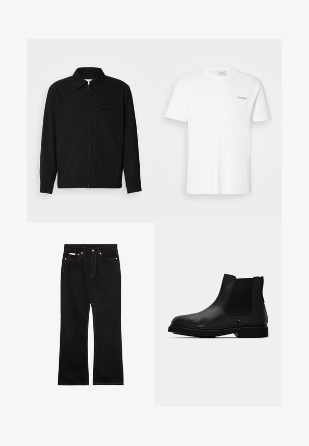 Zwarte lange mouwen shirt met een kraaghals, voorste rits sluiting en een borstzak. Gemaakt van een gestructureerde stof met een relaxte pasvorm.; Witte katoen T-shirt met korte mouwen en een ronde hals. Bevat een klein zwart "Calvin Klein" logo op de linkerborst.; Zwarte jeans met rechte pijpen, oranje stiksels, vijf zakken, knoopsluiting en een klein Calvin Klein-label op de voorste rechterzak.; Zwarte leren Chelsea-laars met elastische zijpanelen, ronde neus en gestructureerd bovenwerk. Voorzien van een platte rubberen zool en subtiele merkdetails.