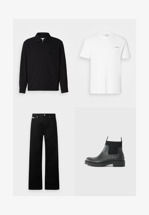 Zwarte lange mouwen shirt met een kraaghals, voorste rits sluiting en een borstzak. Gemaakt van een gestructureerde stof met een relaxte pasvorm.; Witte katoen T-shirt met korte mouwen en een ronde hals. Bevat een klein zwart "Calvin Klein" logo op de linkerborst.; Zwarte spijkerbroek met een wijd uitlopende pasvorm, voorzien van vijf zakken en metallic knopen. Gladde textuur, geen zichtbare patronen.; Zwarte enkelboots van rubber met een matte afwerking, voorzien van een slank ontwerp, elastische panelen en een chunky zool voor grip.