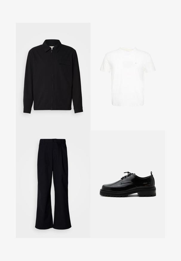Schwarzes Langarmshirt mit Kragen, Frontreißverschluss und Brusttasche. Aus strukturiertem Stoff mit entspannter Passform.; Weißes T-Shirt mit kurzen Ärmeln und Rundhalsausschnitt mit kleinem gesticktem "ck" Logo auf der linken Brust.; Schwarze, weit geschnittene Baumwollhosen mit einem vorderen Faltenwurf, Knopfverschluss und Gürtelschlaufen, glatte Textur und keine sichtbaren Muster.; Schwarzer polierter Lederschnürschuh mit dicker Gummisohle und niedrigem Absatz, seitlichem Marken-Schriftzug "SAMSOE" und hinterer Zuglasche.