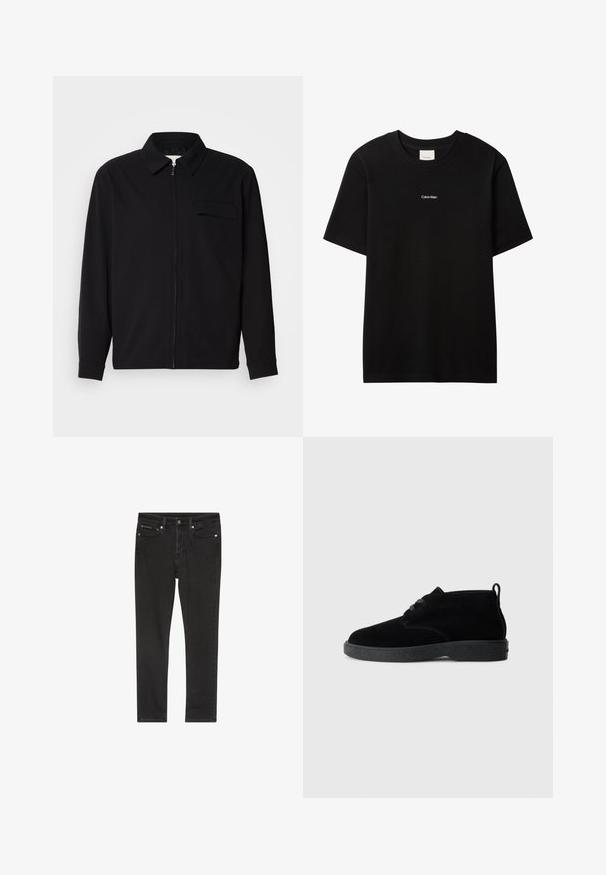Schwarzes Langarmshirt mit Kragen, Frontreißverschluss und Brusttasche. Aus strukturiertem Stoff mit entspannter Passform.; Schwarzes Baumwoll-T-Shirt mit Rundhalsausschnitt und kurzen Ärmeln. Auf der Vorderseite befindet sich ein kleines weißes "Calvin Klein"-Logo. Glatte, klassische Passform.; Schwarze Denim-Jeans mit schmaler Passform, ausgestattet mit vier Taschen, einem Metallknopfverschluss und leichten Used-Details. Glatte Textur und klassisches Design.; Schwarze Wildleder-Stiefeletten mit runder Zehenpartie, Schnürdesign, schwarzem Gummisohle und einem Zugband an der Rückseite für einfaches An- und Ausziehen.