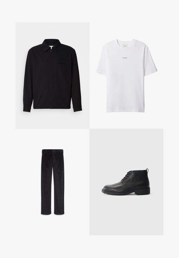 Schwarzes Langarmshirt mit Kragen, Frontreißverschluss und Brusttasche. Aus strukturiertem Stoff mit entspannter Passform.; Weißes Baumwoll-T-Shirt mit Rundhalsausschnitt und kurzen Ärmeln. Auf der Brust zentriert befindet sich ein kleines schwarzes "Calvin Klein"-Logo.; Schwarze Cordhose mit geradem Bein, Knopf- und Reißverschluss, Gürtelschlaufen und Seitentaschen.; Schwarze Lederstiefel mit strukturierter Oberfläche, runder Zehenpartie, Schnürung vorne und einer robusten Gummisohle. Verfügt über eine kleine Zuglasche an der Rückseite.