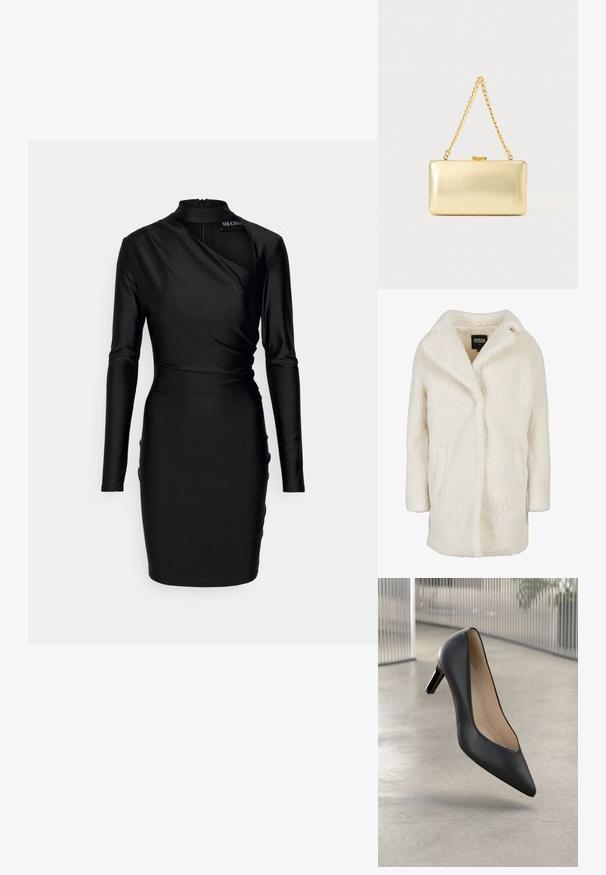 Teddy-Mantel in cremefarben mit langen Ärmeln, Reverskragen und Seitentaschen, Marke Urban Classics, Größe XS.; Han Kjøbenhavn BODYCON DRESS - Cocktailkleid/festliches Kleid - black; Schwarzer Leder-High-Heel-Schuh mit spitz zulaufender Zehenpartie und schlankem Profil, ausgestattet mit einem niedrigen Absatz und einem weichen Innenfutter.; Rechteckige goldene Clutch mit glänzender Oberfläche, Metallverschluss und kurzem goldenen Kettenhenkel vor hellem, einfarbigem Hintergrund.