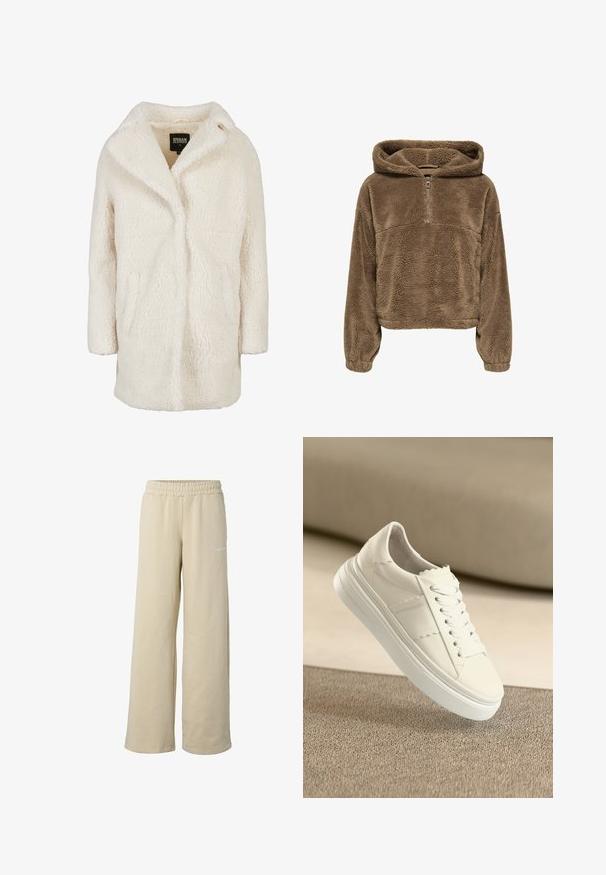 Crèmekleurige teddyjas met lange mouwen, reverskraag en zijzakken, gelabeld Urban Classics, maat XS.; Bruine fleece hoodie met een halve rits, elastische manchetten en een ontspannen pasvorm. De stof heeft een zachte, gestructureerde uitstraling.; Beige sweatpants met wijde pijpen, elastische tailleband en klein wit logo op de bovenkant van het bovenbeen, afgebeeld op een witte achtergrond.; Witte leren sneaker met een gestructureerd bovenwerk, gegolfde randen en platte veters. Voorzien van een dikke witte rubberen zool en subtiele branding.