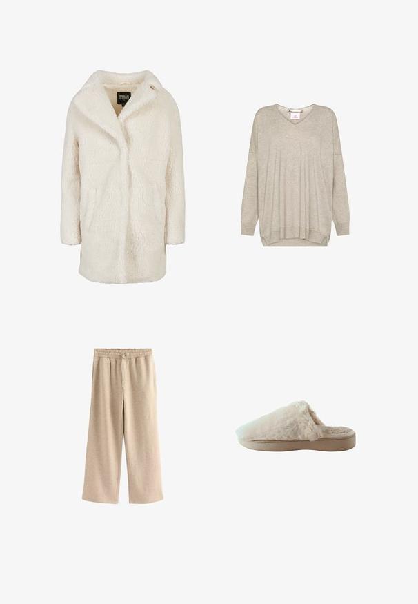 Abrigo teddy de color crema con mangas largas, cuello solapa y bolsillos laterales, de la marca Urban Classics, talla XS.; Jersey de punto beige claro de manga larga con escote en V y puños y bajo acanalados, con un corte ligeramente holgado y costuras de hombro caídas.; Pantalones de pierna ancha color crema, hechos de una suave mezcla de algodón. Presentan una cintura elástica con cordón y una sutil textura moteada.; Zapatilla beige sin cordones con suela gruesa, cubierta de suave y esponjoso pelo sintético en la parte superior y el forro interior.