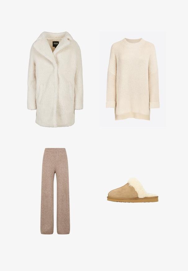 Abrigo teddy de color crema con mangas largas, cuello solapa y bolsillos laterales, de la marca Urban Classics, talla XS.; Suéter de punto crema Ivan con cuello redondo acanalado, hombros caídos, mangas largas y puños enrollados. Tejido suave de punto texturizado.; Pantalones de punto de pierna ancha en un tono marrón claro con una cinturilla y puños acanalados, confeccionados con una tela suave y texturizada. No se ven bolsillos.; Zapatilla de ante marrón con un suave exterior de borreguito blanco, diseño de perfil bajo y suela de goma duradera, sin cierre visible.
