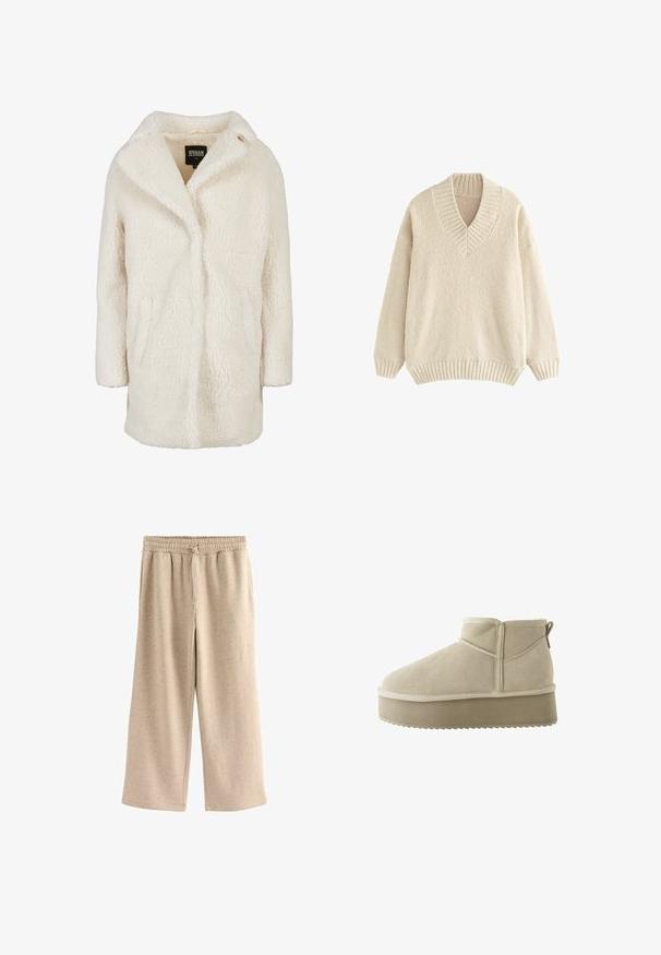 Kermanvärinen teddy-takki, jossa pitkät hihat, kauluskäänne ja sivutaskut, merkiltään Urban Classics, koko XS.; Kermittävän värinen neulepaita, jossa on V-pääntie, ribatut kaulus ja hihansuut. Valmistettu pehmeästä, teksturoidusta kankaasta, joka on löysästi istuva ja jossa on pudotettu olkalinja.; Beige levelet housut, jotka on valmistettu pehmeästä kankaasta. Housuissa on joustava vyötärö, jossa on nyöritys, sekä hienovarainen rosoinen kuviointi kauttaaltaan.; Beige mokasini nilon jalkakkilla ja paksulla pohjalla. Varustettu vetotarra ja ommeltuja yksityiskohtia saumoissa.