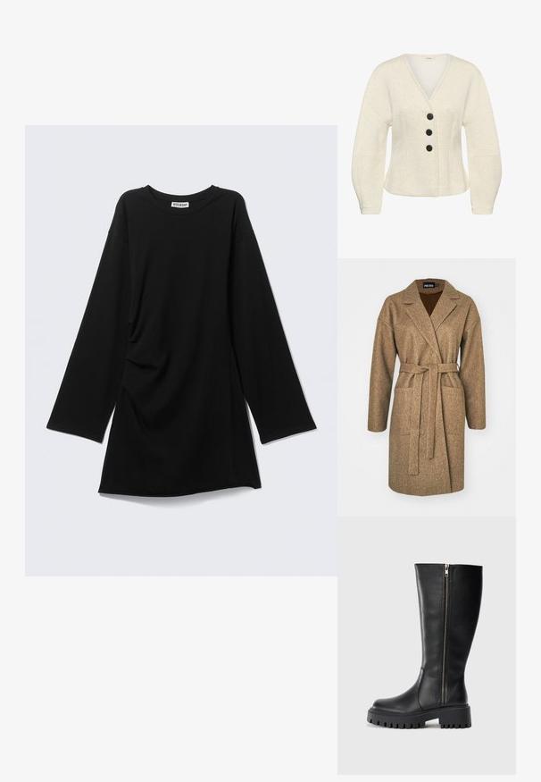 Brun langærmet frakke lavet af tekstureret stof, med bælte i taljen, spids krave, to sidelommer og en afslappet pasform.; Kremfarvet cardigan med lange ærmer, V-hals og tre sorte knapper foran.; Sort langærmet T-shirt med rund hals, afslappet pasform og let sammenrynkning på den ene side, vist fladt mod en lysegrå baggrund.; Sorte læderknæhøje støvler med lynlås i siden, tekstureret overflade, rund tå og kraftig gummisål med segmenteret mønster.