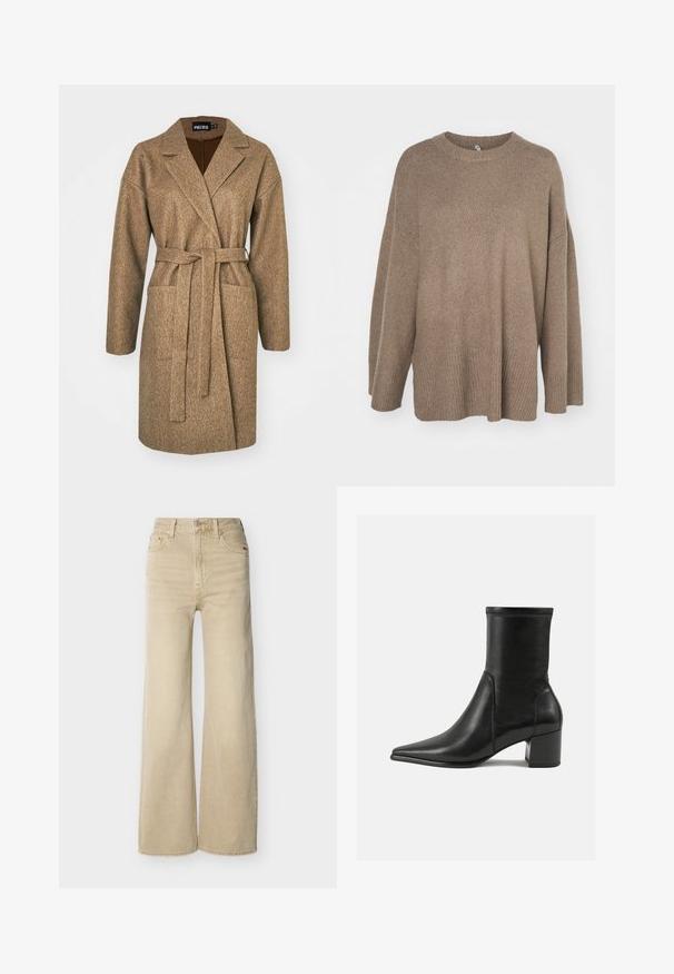 Brun langærmet frakke lavet af tekstureret stof, med bælte i taljen, spids krave, to sidelommer og en afslappet pasform.; Brun oversized sweater med ribbet kant, brede ærmer og rund hals. Blød tekstur, minimalistisk design uden mønstre.; Beige højtaljede vide ben jeans med forreste knap og lynlås, for- og baglommer samt bæltestropper på en hvid baggrund.; Sorte ankelstøvler lavet af glat læder, med spids tå, en blokhæl og markant hævet syning ved den øverste kant.