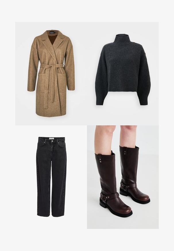 Brun langærmet frakke lavet af tekstureret stof, med bælte i taljen, spids krave, to sidelommer og en afslappet pasform.; Mørkegrå cropped sweater med høj ribbet hals, brede ærmer og en struktureret overflade. Har knapdetaljer på skulderen.; Sort denim bukser med vide ben og høj talje, fem-lomme design og lynlåsgylp. Glat tekstur med minimale synlige syningsdetaljer.; Brune læder knæ-høje støvler med en glat tekstur, der har en bred rem og trekantede metal detaljer samt flade gummisåler.
