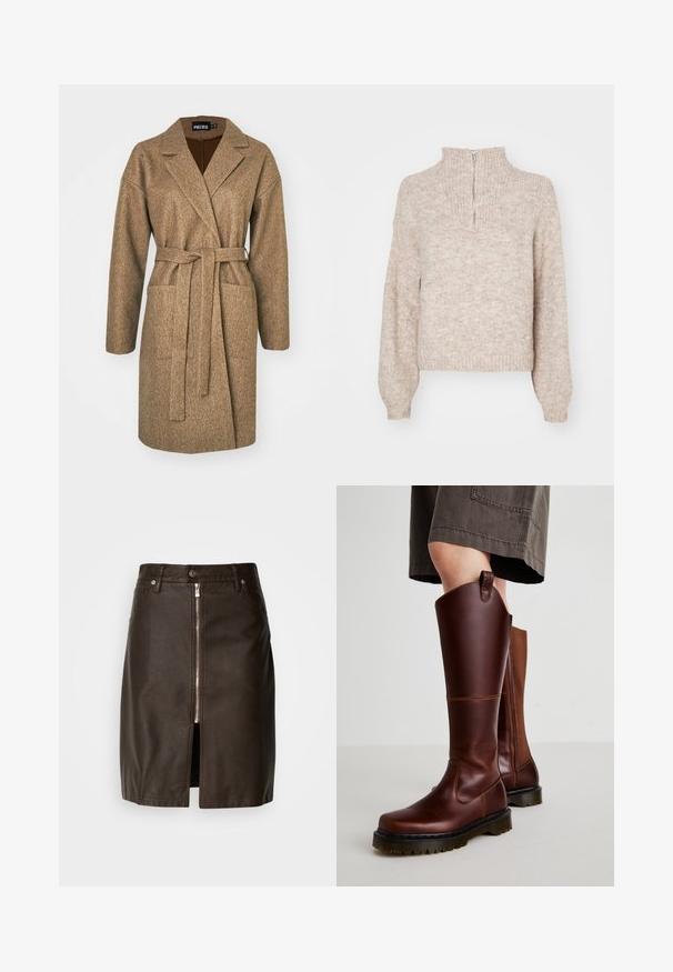 Brun langærmet frakke lavet af tekstureret stof, med bælte i taljen, spids krave, to sidelommer og en afslappet pasform.; Beige strikket sweater med høj hals og halvmund. Har lange, let puffede ærmer og ribkant. Tekstureret, blødt materiale.; Brun lædernederdel med lynlås foran, der har en forslidse. Glat tekstur med synlige sømme og metaldetaljer.; Brune læder knæhøje støvler med en glat overflade, solid sål og en let hæl. Har en lynlås i siden og en løkke bagpå for nem påtagning.