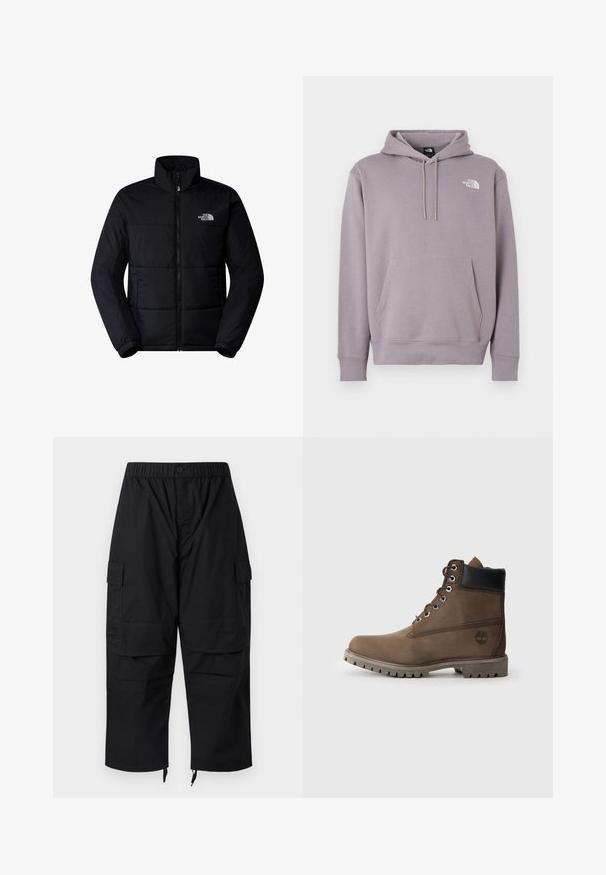 Must disainimise ehk must talvejope, millel on kõrge krae, ees lukk ja elastsed varrukad. Omab vertikaalset õmblust ja logo vasakul rinnal.; hele lilla pullover-huppar, valmistatud pehmest kangast. Omadused: ees tasku, kapuuts nööriga ja valge logo ülemisel vasakul küljel.; Mustad cargo-püksid elastse vöökohaga, mitme tasku ja lukuga sääreotsas, omadusega lõdva ja mugava lõikega.; Pruun nahast pahkluu saabas musta kaelusega, metallist silmadega ja robustse halli tallaga. Küljes on logo jaõmblustähed.