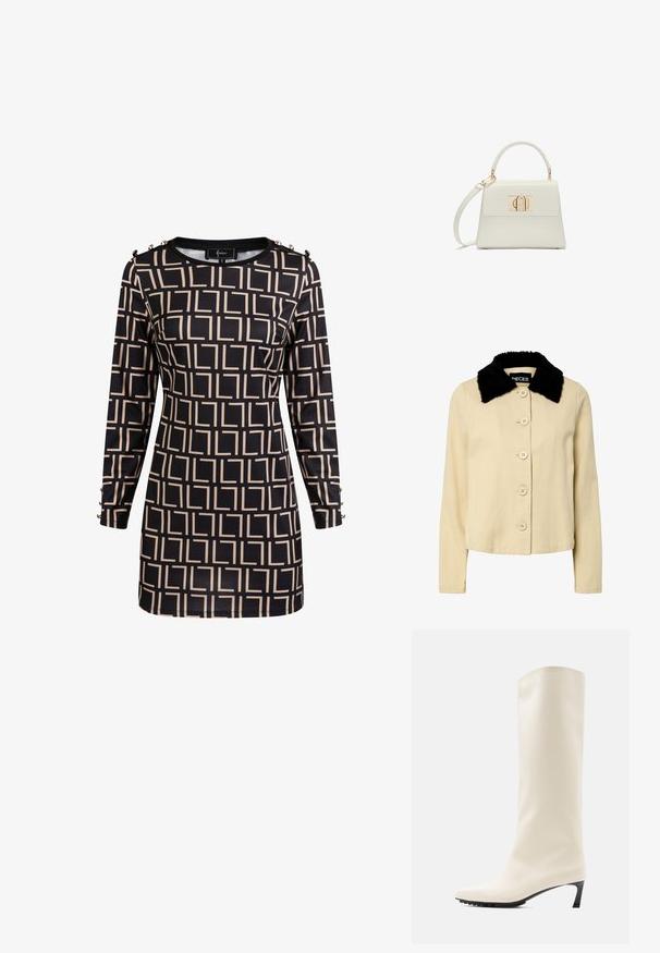 Beige jakke med en sort kunstpelskrave, der har en knaplukning foran og lange ærmer. Materialet ser tekstureret ud med et klassisk design.; Langærmet sort kjole med beige geometrisk firkantet mønster og dekorative knapper på skuldre og manchetter, figursyet silhuet.; Knæhøj hvid støvle lavet af glat materiale med spids tå og slank sort hæl. Har et enkelt design og minimal branding.; Lille hvid håndtaske med topgreb, aftagelig skulderrem og guld rektangulært spænde på frontklap.