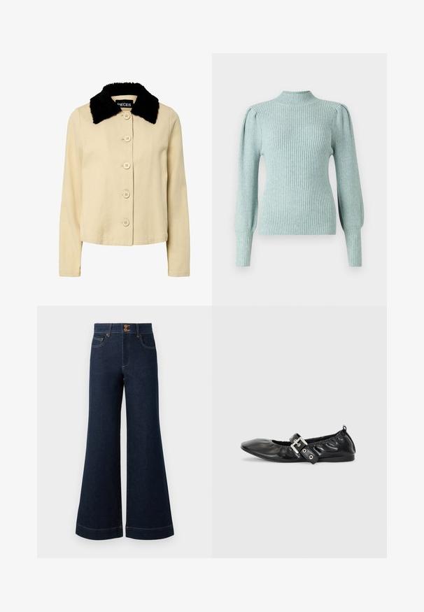 Beige jakke med en sort kunstpelskrave, der har en knaplukning foran og lange ærmer. Materialet ser tekstureret ud med et klassisk design.; Lys blå ribbet sweater med en mock neck, strukturerede skuldersømme og tætsiddende lange ærmer. Blød tekstur med en strækbar kvalitet.; Mørkeblå denim jeans med bred flare, høj talje, forlommer og kontrastfarvet guldtråd. Har dobbelt knaplukning.; Sorte læder flade sko med spids tå, samling detaljer omkring åbningen, og en sølv spænde accent på den justerbare rem.