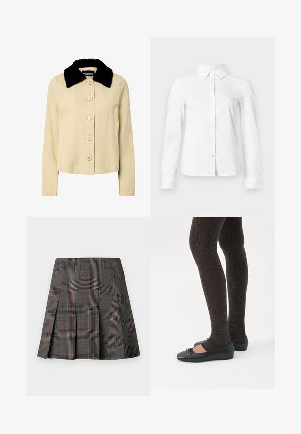 Beige takki mustalla tekoturkiskauluksella, jossa on napitettava etuosa ja pitkät hihat. Materiaali näyttää olevan teksturoitu ja siinä on klassinen muotoilu.; Valkoinen pitkähihainen napillinen paita, jossa on terävä kaulus, suora helma ja istuva siluetti, esitetty yksinkertaisella vaalealla taustalla.; Harmaa ruudullinen hame, jossa on laskoksia, monimutkaisilla mustan ja valkoisen kuvioilla, joita korostavat ohuet punaiset viivat. Valmistettu tukevasta kankaasta.; Jalat, joissa tummat ribbineuleiset leggingsit yhdistettynä mustiin balettitossuihin, joissa on pienet rusettikoristeet valkoisella taustalla.