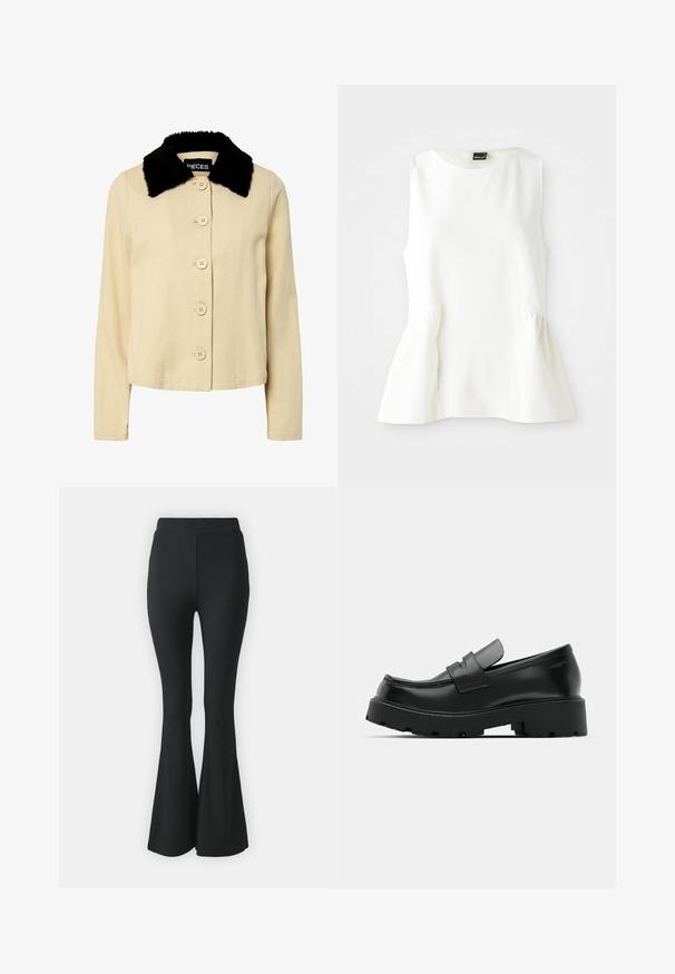 Beige jakke med en sort kunstpelskrave, der har en knaplukning foran og lange ærmer. Materialet ser tekstureret ud med et klassisk design.; Ærmeløs hvid bluse med rund halsudskæring og peplum talje detalje, lavet af glat stof, liggende fladt på en hvid baggrund.; Sorte buks med flared design lavet af strækbart stof. Har en høj talje og et glat, tætsiddende design, der flared ud fra knæet og ned.; Sorte læder loafers med en chunky tekstureret sål, der har en rem over vamps og en glat, poleret finish.