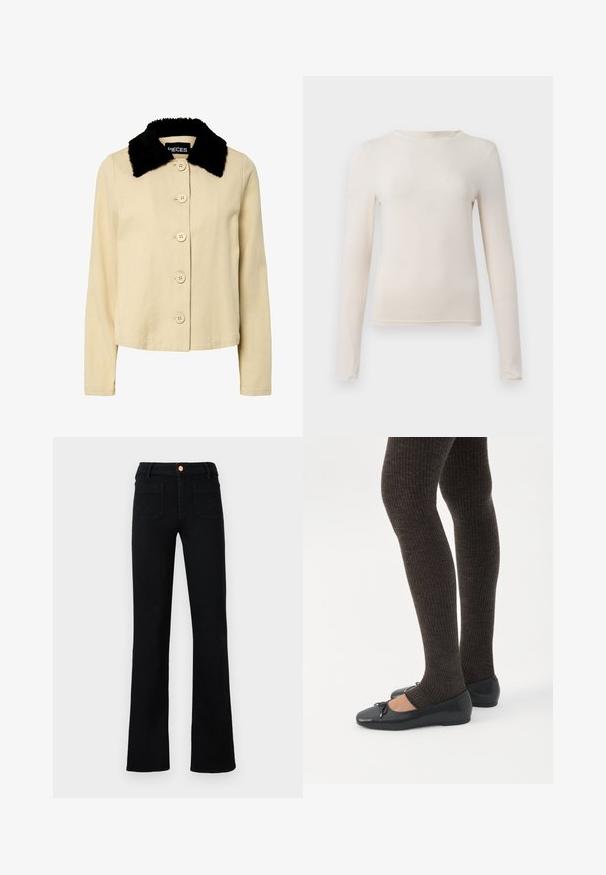 Beige jakke med en sort kunstpelskrave, der har en knaplukning foran og lange ærmer. Materialet ser tekstureret ud med et klassisk design.; Beige langærmet T-shirt med rund hals og tætsiddende silhuet, vist fladt mod en lys baggrund.; Sorte højtaljede lige ben jeans med frontlomme og kobberknaplukning på en neutral baggrund.; Ben iført mørke ribbede leggings kombineret med sorte balletsko med små sløjfedetaljer på hvid baggrund.