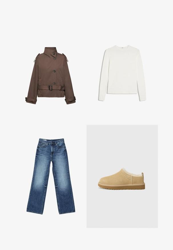 Veste courte marron avec col montant, quatre boutons, taille ceinturée, et sangles ajustables aux épaules et aux poignets.; T-shirt blanc uni à manches longues avec col rond et coupe ajustée, posé à plat sur un fond blanc.; Jean denim bleu à jambes larges avec poches avant et poche monnaie, fermeture à boutons, et lavage délavé sur les cuisses et les genoux.; Chaussure en daim à enfiler de couleur beige clair, dotée d'une douce doublure en fourrure et d'une semelle en caoutchouc texturé avec un léger talon et une sangle à l'arrière pour un enfilage facile.