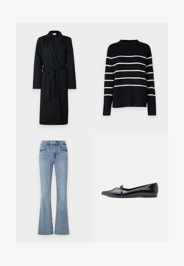 Abrigo negro largo con solapas en forma de pico, diseño envolvente y un cinturón a juego. Hecho de un tejido similar a la lana, presenta mangas largas y una textura suave.; Vero Moda Tall VMFLAWLESS - Jersey de punto - black/birch; Jeans de mezclilla azul claro con cintura alta, con botón y cremallera en la parte frontal, cinco bolsillos y piernas ligeramente acampanadas.; Bailarina de charol negro con punta afilada, correa decorativa y textura lisa. Diseño minimalista sin adornos visibles.