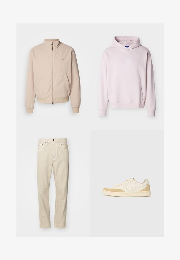 GANT HAMPSHIRE JACKET - Kevyt takki - concrete beige; Vaaleanpunainen hupullinen collegepaita, jossa on edessä kengurutasku ja pieni valkoinen "HUGO"-logo rinnan keskellä.; Beige, puuvillaiset housut suoralla lahkeella, viisi taskua ja metalliset yksityiskohdat. Sileä pinta, jossa on minimaalinen ompelu.; Valkoinen nahkakenkä, jossa on beige mokka-akkentuureja, reikämuotoilu sivuilla, pyöreä kärki, tasainen kumipohja ja nauhalevitys.