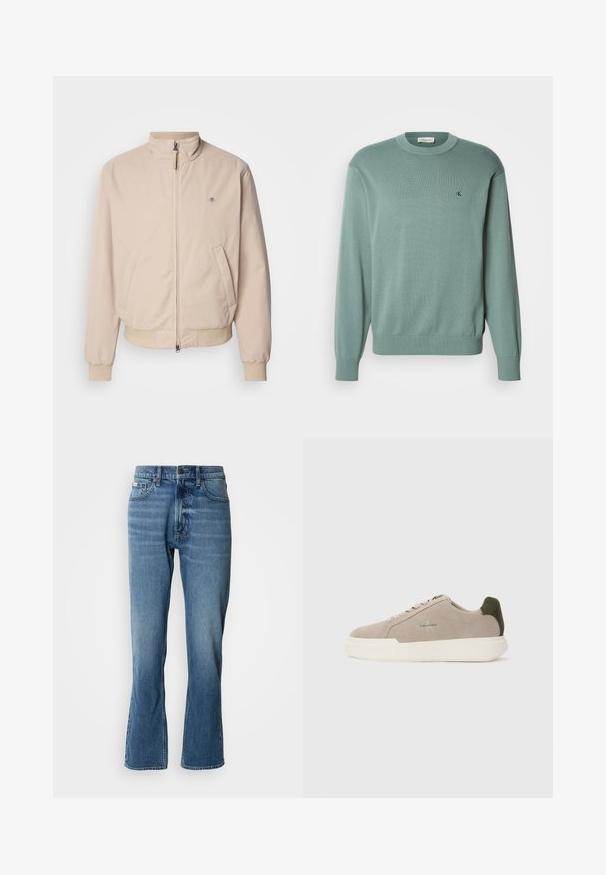 GANT HAMPSHIRE JACKET - Letná bunda - concrete beige; Svetlozelený pletený sveter s okrúhlym výstrihom, dlhými rukávmi a rebrovanými manžetami. Na hrudi má malý logo. Textúra pôsobí mäkko.; Svetlo modré denimové rifle s rovnými nohavicami a jemným rozšírením. Majú päť vreciek, zapínanie na gombík a jemné detaily zohybovania.; Béžové semišové tenisky s bielou gumovou podrážkou, zdobené tmavozeleným akcentom na päte a jemným brandingom na boku.