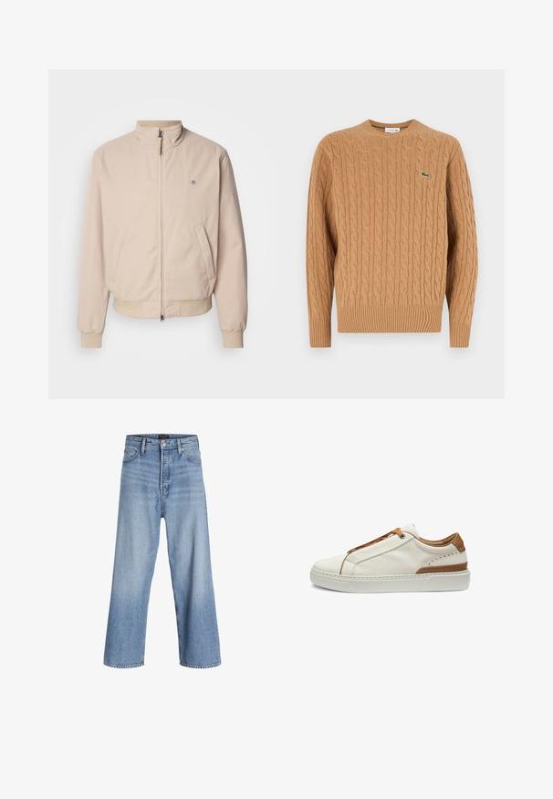 GANT HAMPSHIRE JACKET - Kevyt takki - concrete beige; Kauluspaita camel-värissä, valmistettu teksturoidusta kankaasta, jossa on ribattu helma ja hihansuut, ja pienikokoinen vihreä logo rinnassa.; Vaaleansiniset farkut, joissa on leveät lahkeet ja korkea vyötärö. Niissä on napitettava vetskari, viisi taskua ja hienovarainen haalistuminen. Siistit helman viimeistelyt.; Matala beige kangastennari, jossa on ruskeat nahkayksityiskohdat ja valkoinen kumipohja, nähtynä sivulta valkoisella taustalla.