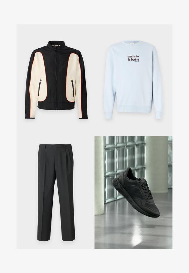 Veste noire et crème avec un col montant. Présente des passepoils rouges, deux poches zippées et un tissu lisse légèrement texturé.; Sweat-shirt bleu clair en tissu doux, doté d'un col rond et de manches longues. Le devant affiche les inscriptions "calvin klein" et "New York City" en lettres foncées.; Pantalon noir en tissu lisse, avec une coupe droite, un devant plissé et une taille standard avec passants pour ceinture.; Baskets noires de la marque BOSS avec des détails en mesh et cuir, flottant au-dessus d'un sol poli contre des murs en blocs de verre.