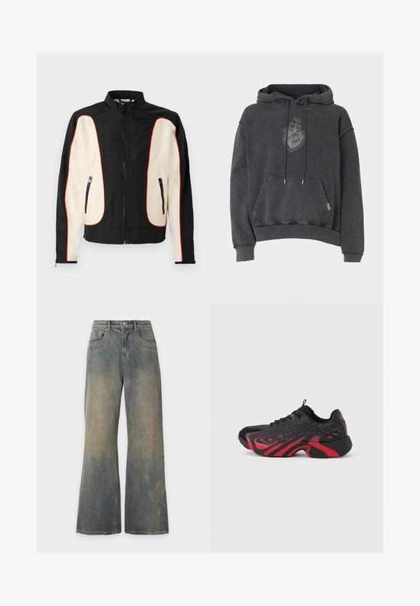 Veste noire et crème avec un col montant. Présente des passepoils rouges, deux poches zippées et un tissu lisse légèrement texturé.; Sweat à capuche gris foncé, en tissu doux. Il comporte une poche avant et un motif de cœur brodé. Coupe ample avec poignets côtelés.; Jean bleu délavé à jambes larges avec poches avant et passants de ceinture, présenté sur un fond clair uni.; Chaussure de sport noire et rouge avec une tige texturée ornée de motifs, fermeture à lacets et semelle épaisse en caoutchouc.