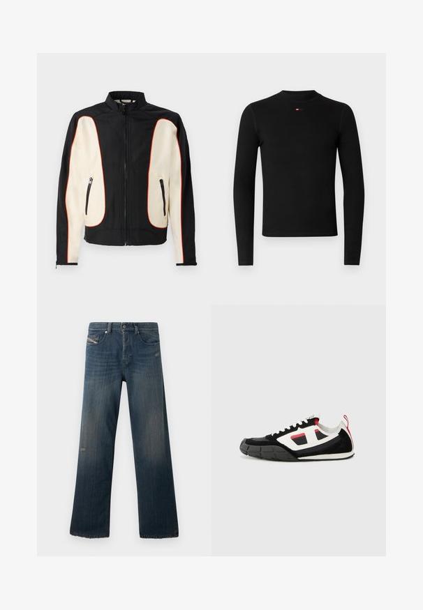 Chaqueta negra y crema con cuello alzado. Presenta ribetes rojos, dos bolsillos con cremallera y una tela suave con una ligera textura.; Camiseta negra de manga larga con cuello redondo, textura acanalada y un pequeño logo rojo en el pecho. Diseño sencillo y ajustado.; Jeans de mezclilla azul con un diseño de pierna recta, textura desgastada, dobladillo deshilachado y detalles desgastados en el bolsillo frontal y área del muslo.; Diesel S PAGODHA LOW - Zapatillas - black