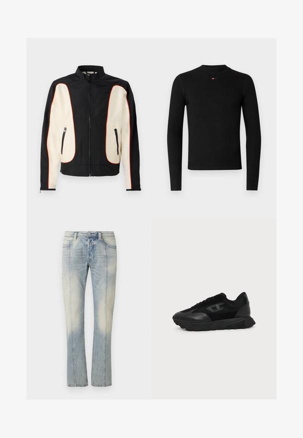 Chaqueta negra y crema con cuello alzado. Presenta ribetes rojos, dos bolsillos con cremallera y una tela suave con una ligera textura.; Camiseta negra de manga larga con cuello redondo, textura acanalada y un pequeño logo rojo en el pecho. Diseño sencillo y ajustado.; Jeans de mezclilla azul claro con diseño de pierna recta, con costuras dobles, bolsillos frontales y acabado desteñido. Sin marcas visibles.; Zapatilla negra de corte bajo con suela texturizada, parte superior de malla y cuero, cierre de cordones en la parte delantera y un pequeño logo en relieve en el panel lateral.