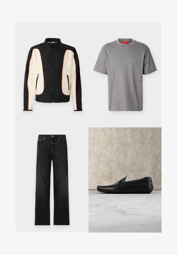 Chaqueta negra y crema con cuello alzado. Presenta ribetes rojos, dos bolsillos con cremallera y una tela suave con una ligera textura.; Camiseta gris de manga corta con cuello redondo y un sutil logo "HUGO" centrado en el pecho, además de una etiqueta de la marca roja en el interior del cuello.; Jeans negros de pierna recta con diseño de cinco bolsillos, presillas para cinturón y cierre de botón, mostrados sobre un fondo blanco.; Mocasines de cuero negro con un acabado brillante, punta redonda y herrajes decorativos en la parte delantera. Suela de goma de bajo perfil. Textura suave.