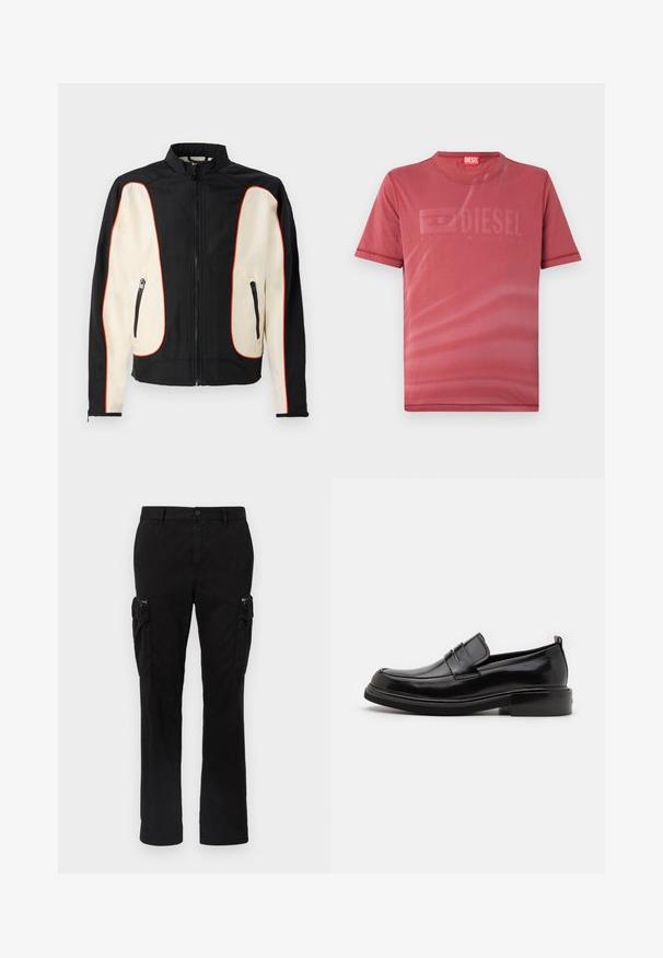 Chaqueta negra y crema con cuello alzado. Presenta ribetes rojos, dos bolsillos con cremallera y una tela suave con una ligera textura.; Camiseta corta roja de manga corta hecha de una tela suave que presenta un sutil logotipo "DIESEL" en relieve en el frente. Escote redondo y dobladillos cosidos.; Pantalones cargo negros de algodón, con dos bolsillos laterales, un diseño de pierna recta y costuras visibles en las costuras.; Calvin Klein MOCCASIN - Mocasines elegantes - black