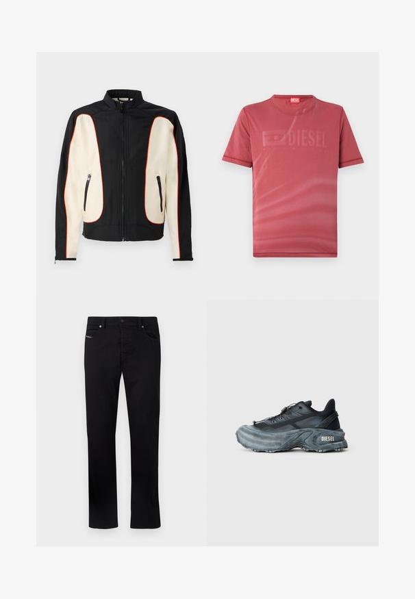 Schwarze und cremefarbene Jacke mit Stehkragen. Verfügt über rote Paspeln, zwei Reißverschlusstaschen und einen glatten, leicht strukturierten Stoff.; Rotes T-Shirt mit kurzen Ärmeln aus glattem Material, das vorne ein dezentes, geprägtes "DIESEL"-Logo zeigt. Rundhalsausschnitt und genähte Säume.; Schwarze Jeans mit geradem Bein, fünf Taschen und Metallknopfverschluss. Mit dezenten Stickereidetails auf der vorderen Tasche.; Schwarz- und graue Diesel-Sneaker mit dicker Sohle, Schnürverschluss und strukturiertem Design auf einem schlichten hellgrauen Hintergrund.