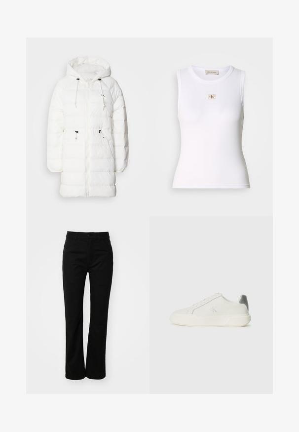 Calvin Klein Jeans Wintermantel - snow white; Weißes geripptes ärmelloses Tanktop mit Calvin Klein Jeans-Label auf der Brust und innerem Nackenetikett.; Schwarze Baumwollhose mit geradem Bein, ausgestattet mit einem vorderen Knopfverschluss, Gürtelschlaufen und zwei Seitentaschen. Glatte Textur.; Weißer Sneaker aus Leder mit glatter Textur, ausgestattet mit einem silbernen Akzent an der Ferse, flacher Sohle und minimalistischem Design.