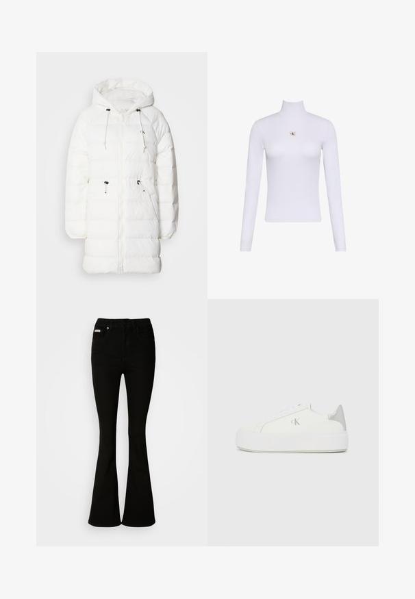 Calvin Klein Jeans Wintermantel - snow white; Weißes Langarm-Turtleneck-Top mit einem kleinen Calvin Klein Logo-Patch zentral auf der Brust.; Schwarze Schlagjeans mit einer taillierten Passform, aus weichem Denim gefertigt. Mit zwei Vorderaschen und einem klassischen Knopf- und Reißverschluss ausgestattet.; Weiße Leinensneaker mit einer dicken weißen Sohle, die ein metallisch silbernes Detail an der Ferse und ein dezentes Logo auf der Seite aufweisen.