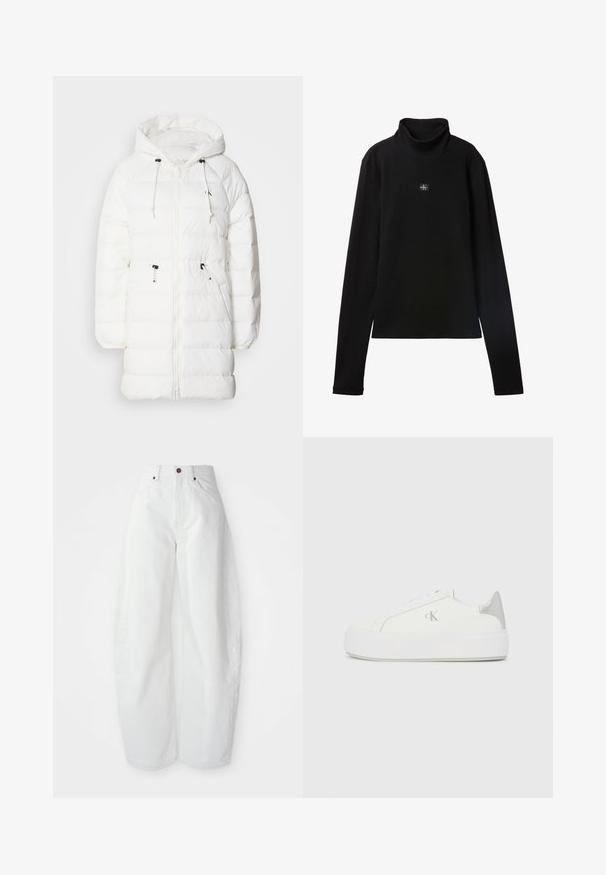 Calvin Klein Jeans Wintermantel - snow white; Schwarzes, geripptes Langarm-Top mit Rollkragen und kleinem quadratischem Calvin Klein Logo-Patch zentral auf der Brust.; Hochtaillierte weiße Denim-Hose mit lockerer Passform. Einfacher Knopfverschluss, seitliche Taschen und minimalistisches Design. Glatte Textur.; Weiße Leinensneaker mit einer dicken weißen Sohle, die ein metallisch silbernes Detail an der Ferse und ein dezentes Logo auf der Seite aufweisen.