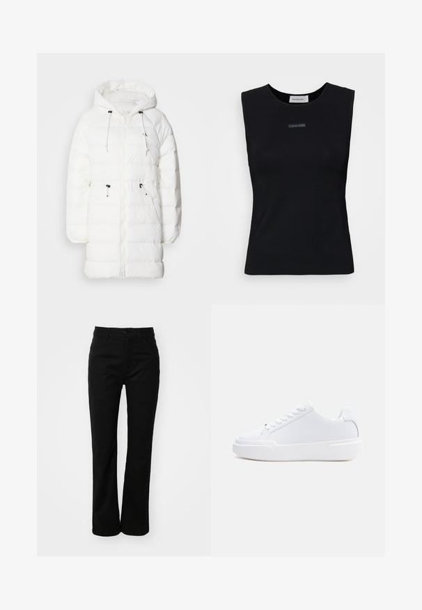 Calvin Klein Jeans Wintermantel - snow white; Schwarzes ärmelloses Top aus glattem Stoff. Merkmale einen runden Ausschnitt und ein kleines Calvin Klein Logo in der Mitte. Einfaches und figurnahes Design.; Schwarze Baumwollhose mit geradem Bein, ausgestattet mit einem vorderen Knopfverschluss, Gürtelschlaufen und zwei Seitentaschen. Glatte Textur.; Weißer Sneaker mit niedrigem Schaft, Schnürverschluss, dicker Sohle und glattem Obermaterial, von der Außenseite vor einem einfarbigen hellen Hintergrund gezeigt.