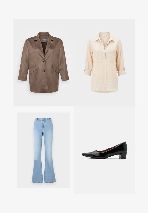 Blazer de ante sintético marrón con solapas de muesca, dos bolsillos frontales y cierre de un solo botón. Presenta mangas de longitud tres cuartos.; Camisa beige de manga larga con cuello, dos bolsillos en el pecho y mangas remangadas.; Vaqueros de mezclilla azul claro de tiro alto con perneras acampanadas, cierre frontal con botones y cremallera, y diseño clásico de cinco bolsillos.; Zapato de salón bajo de piel de charol negra con punta afilada y tacón de bloque curvado, mostrado de perfil sobre un fondo claro y liso.