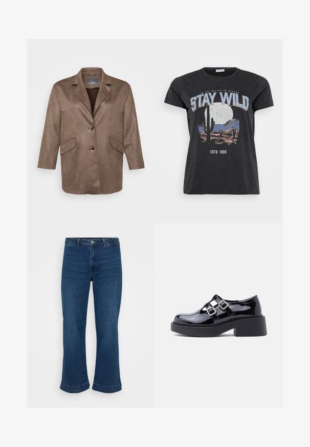 Brun faux suede blazer med notched lapels, to frontlommer og en enkelt knaplukning. Har 3/4-længde ærmer.; Sort bomulds t-shirt med et grafisk print af en ørken-scene med kaktusser, en måne og sætningen "STAY WILD" i blå skrifttype.; Højtaljede blå jeans med lige ben og bred kant, lavet af denim. Har et klassisk fem-lomme design og lukning med metalknap.; Sorte platformssko i laklæder med bred hæl, udskåret design og to sølvspænder hen over vristen. Flad gummisål.